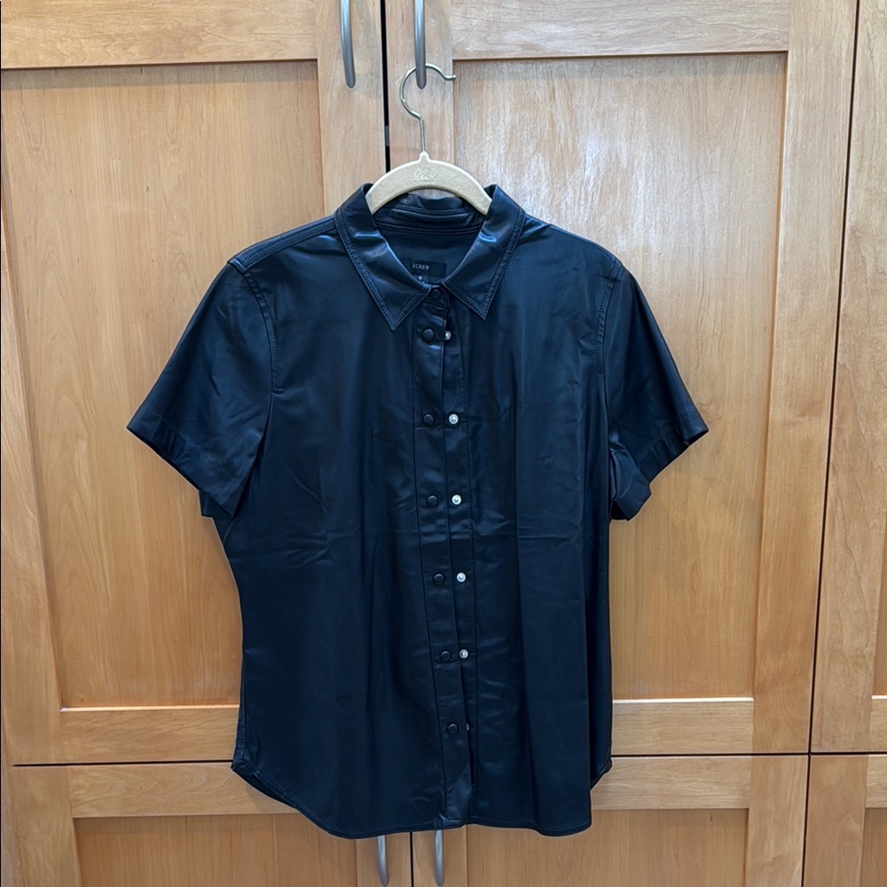 J.Crew Black Faux Leather Button Down Shirt Short Sleeve Size 8